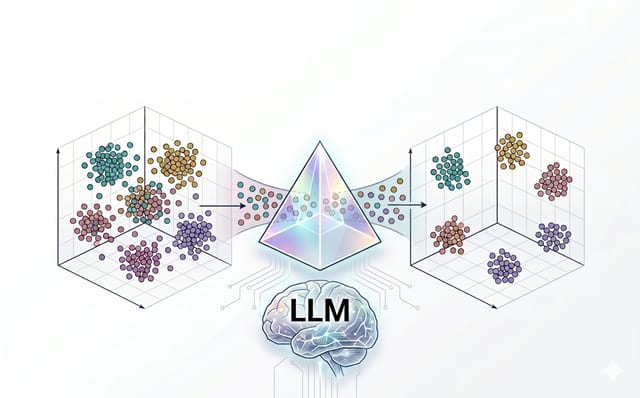 PRISM method overview: a glowing prism debiases entangled embedding clusters into a clean, separated representation, fed by an LLM.